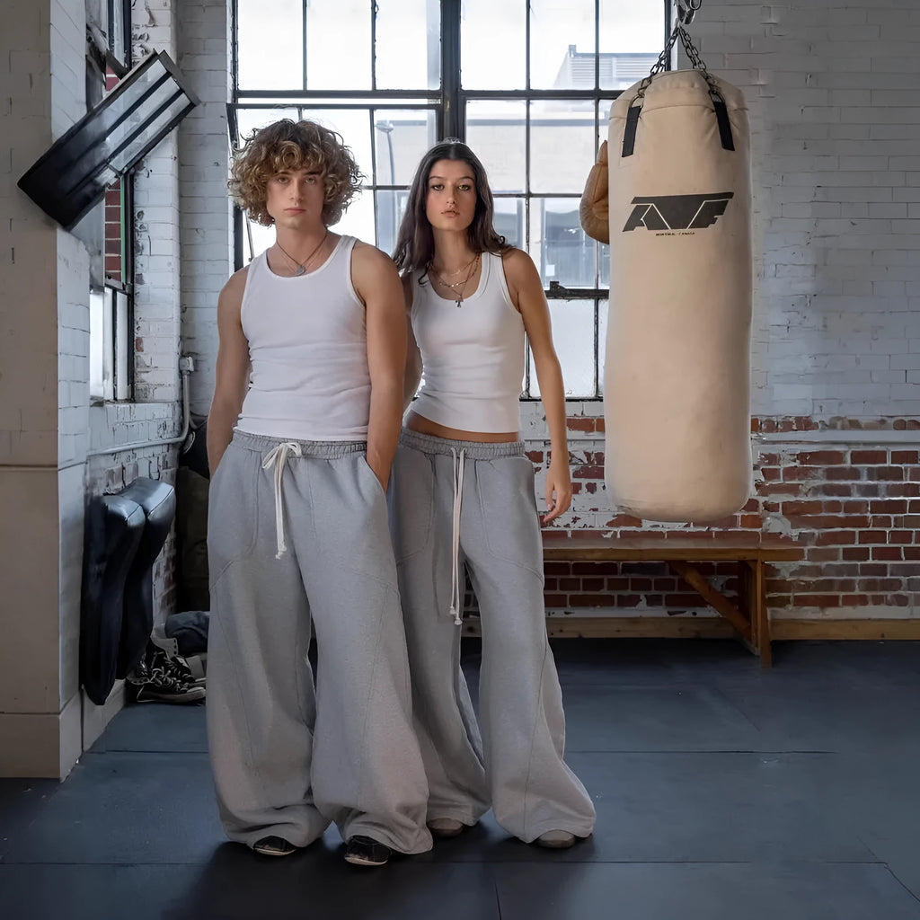 Men's and women's embroidered wide-leg loose sweatpants in gray cotton with mid-waist elastic waistband