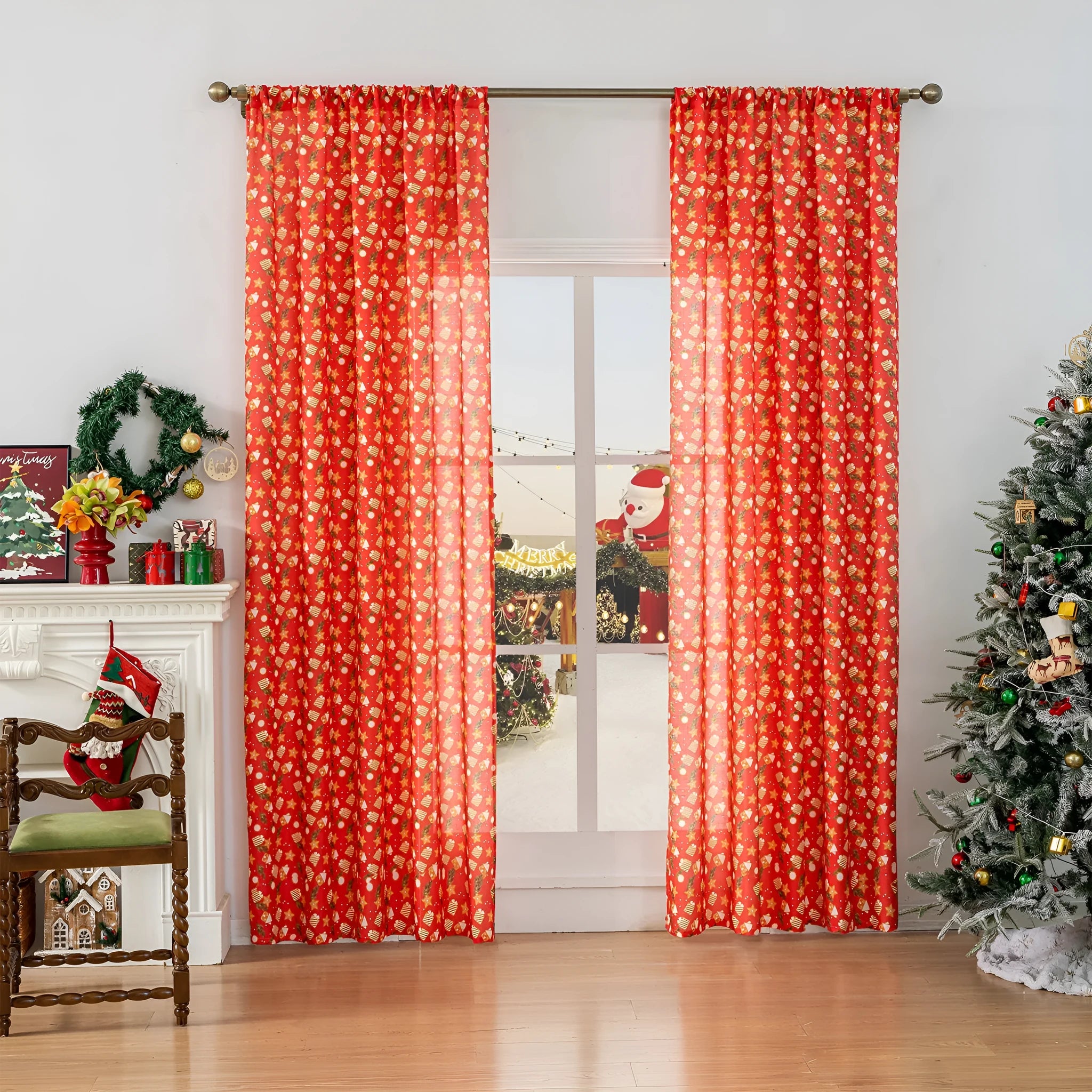 Green Christmas curtain with cartoon snowman and angel print, 1 metre wide.