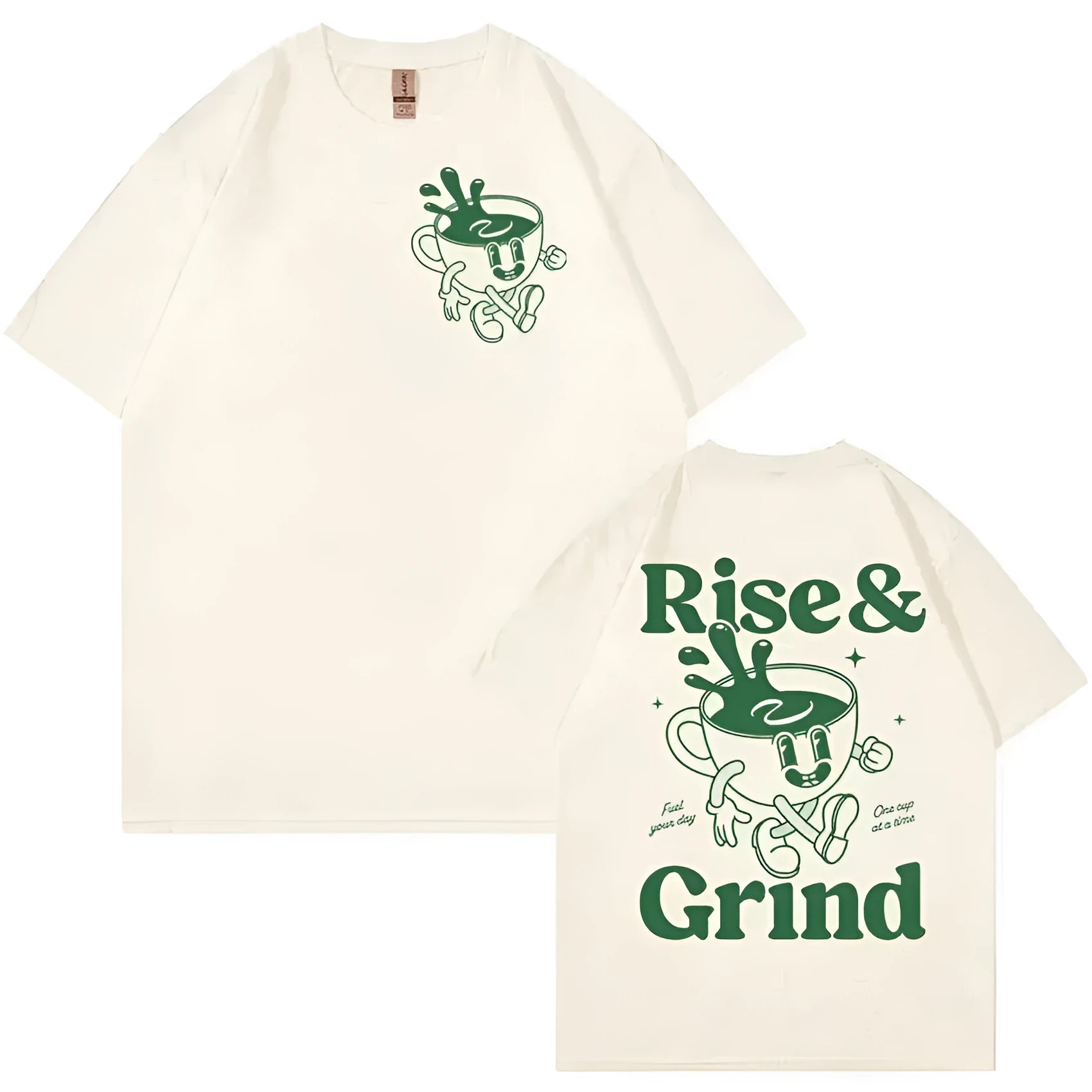 Loose fit linen t-shirt featuring a cartoon print of 'Rise And Grind' text with a green coffee expression bag.