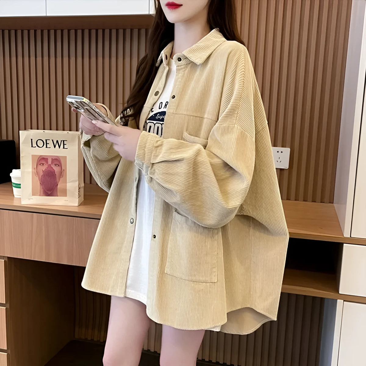 Loose corduroy shirt jacket in yellow, apricot or green, long sleeve cardigan style, sizes M to XXL.