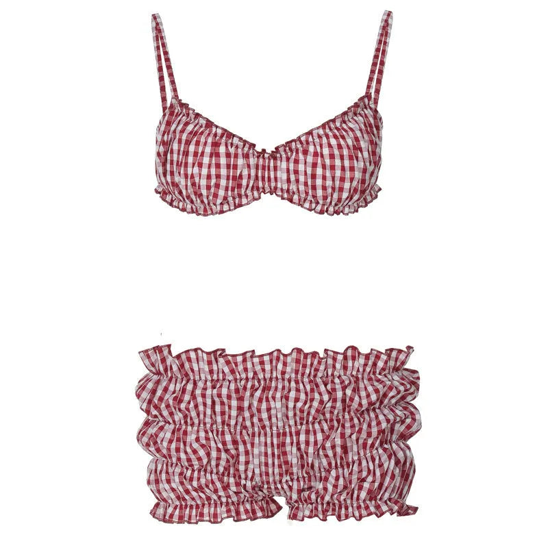 Women's high-waist plaid bikini set in red cotton blend with contrast colour print top and shorts