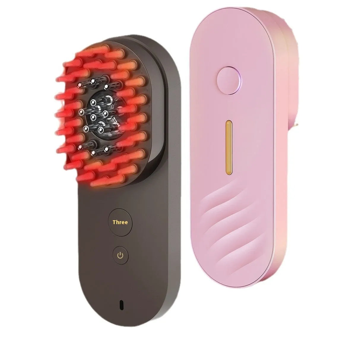 Smart massage comb with red light therapy in black or pink colours, less than 10cm size