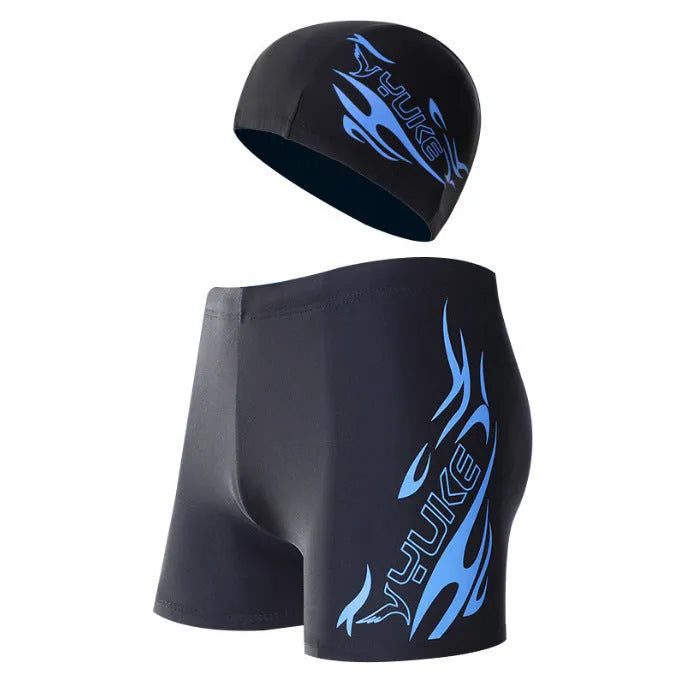 Men's plus-size blue fire pattern swimming trunks and cap on a black background.