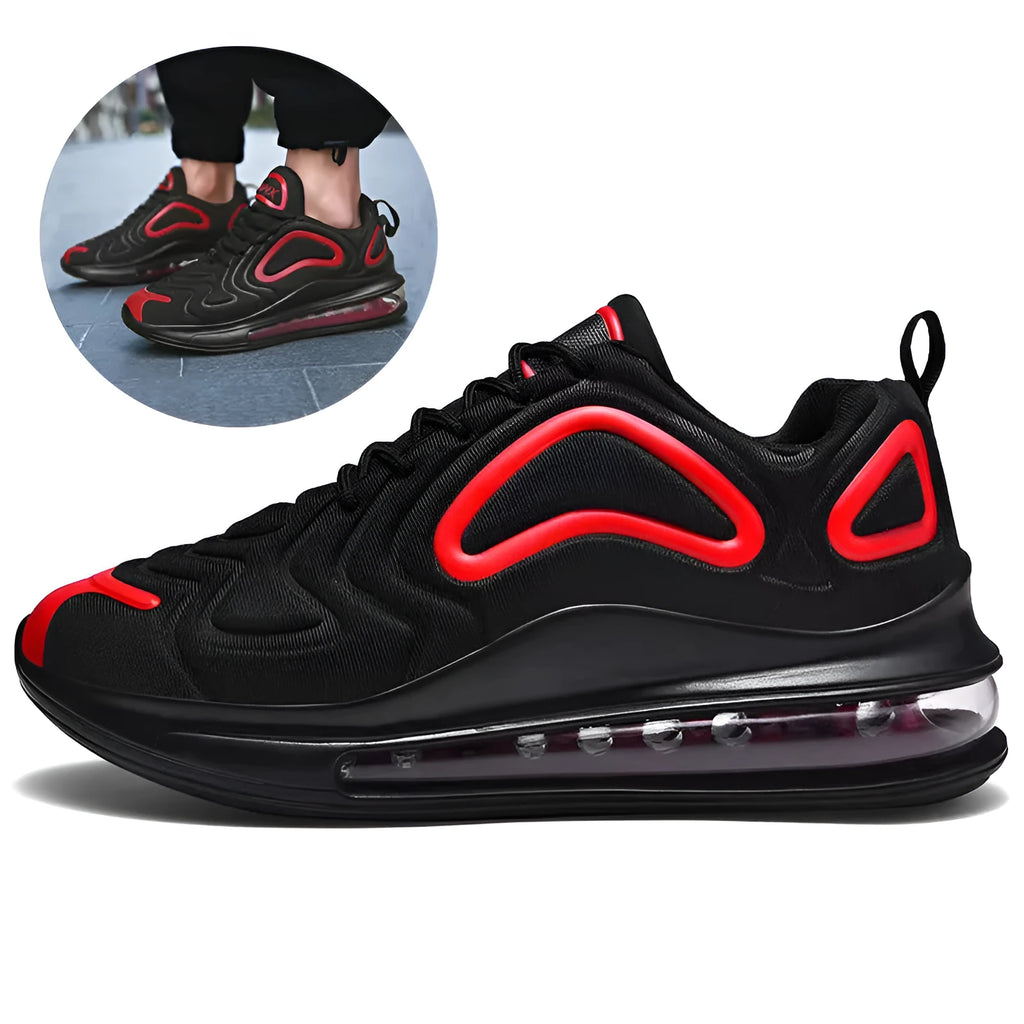 Men's black air cushion casual sneakers with lace-up front and thick sole
