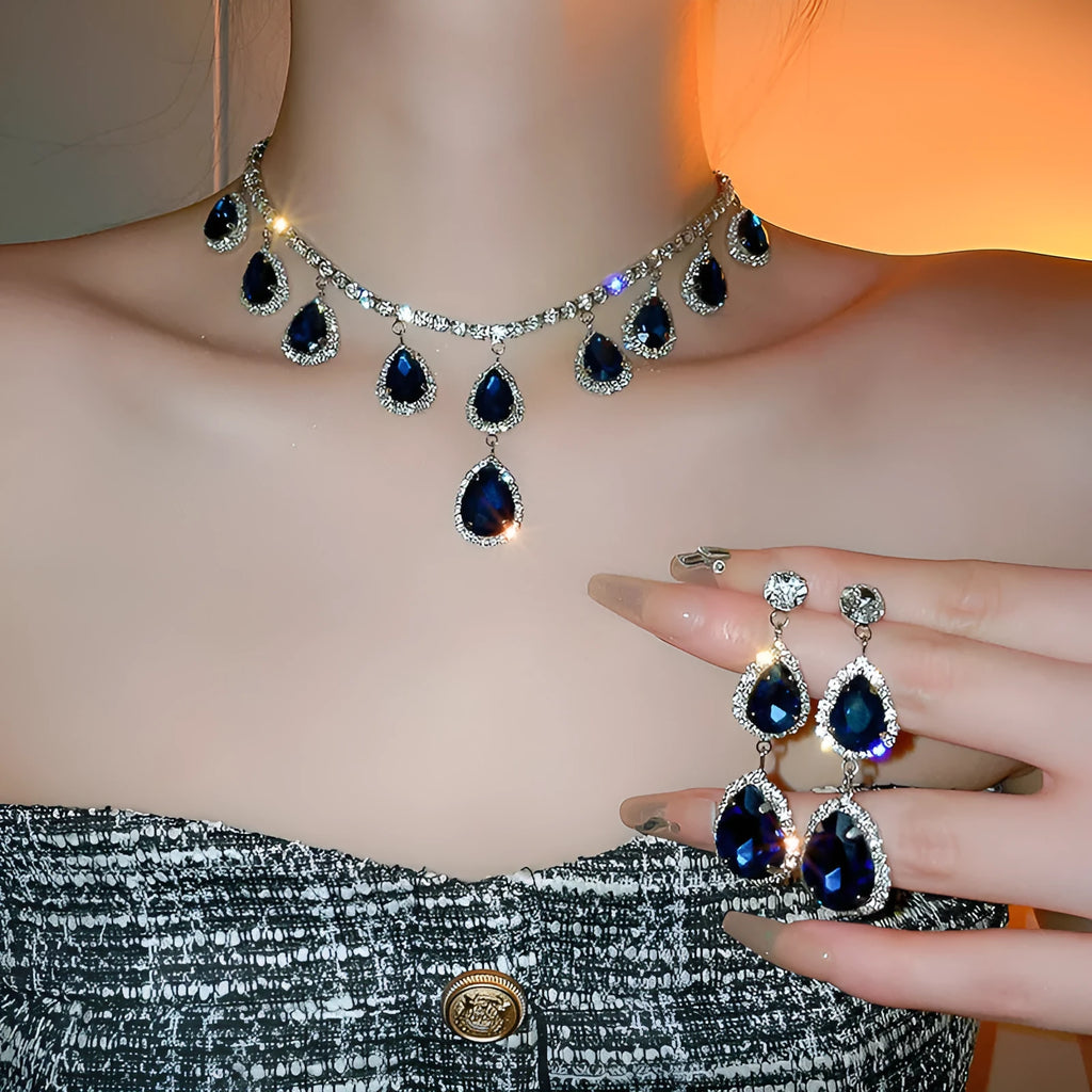 Blue silver needle water drop earrings and necklace set with zircon pendant on alloy clavicle chain court style