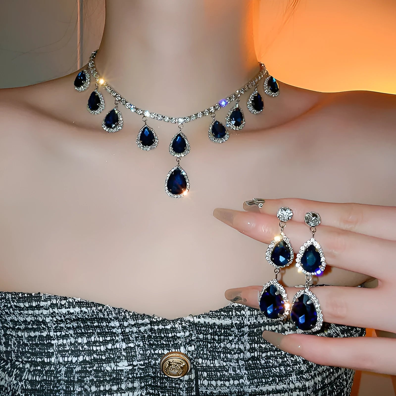 Blue silver needle water drop earrings and necklace set with zircon pendant on alloy clavicle chain court style
