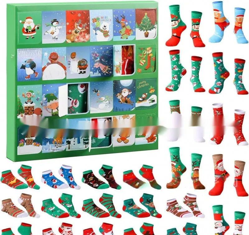 Set of seven colourful miniature Christmas sock ornaments from a blind box collection.