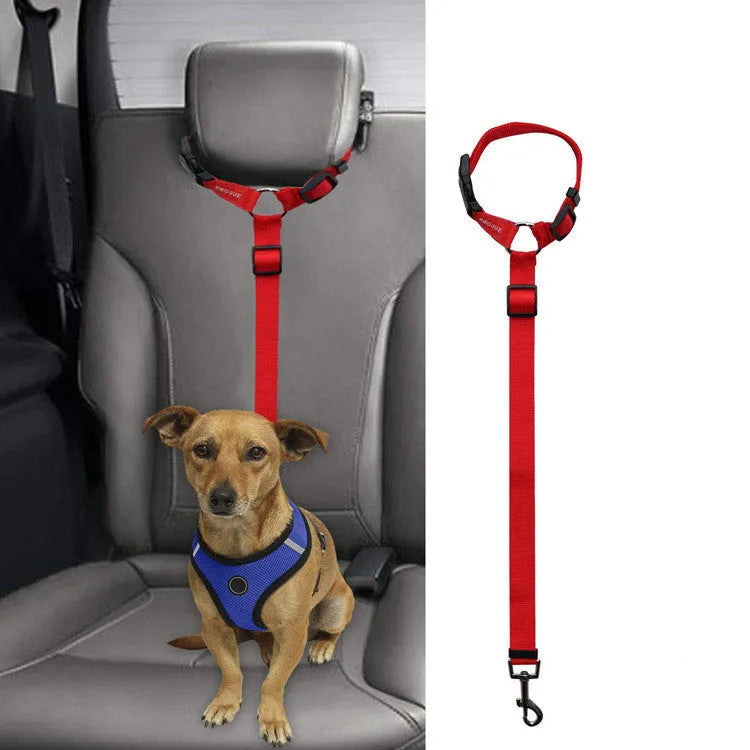 Car backseat pet leash for dogs made from polyester in nine colour options attached to a vehicle seatbelt