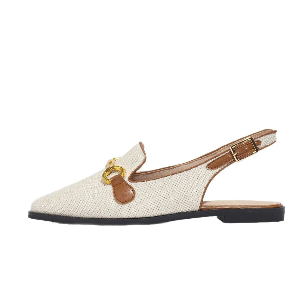 Women's closed toe chunky heel half slippers with linen upper and rubber sole in black and brown sizes 35-41