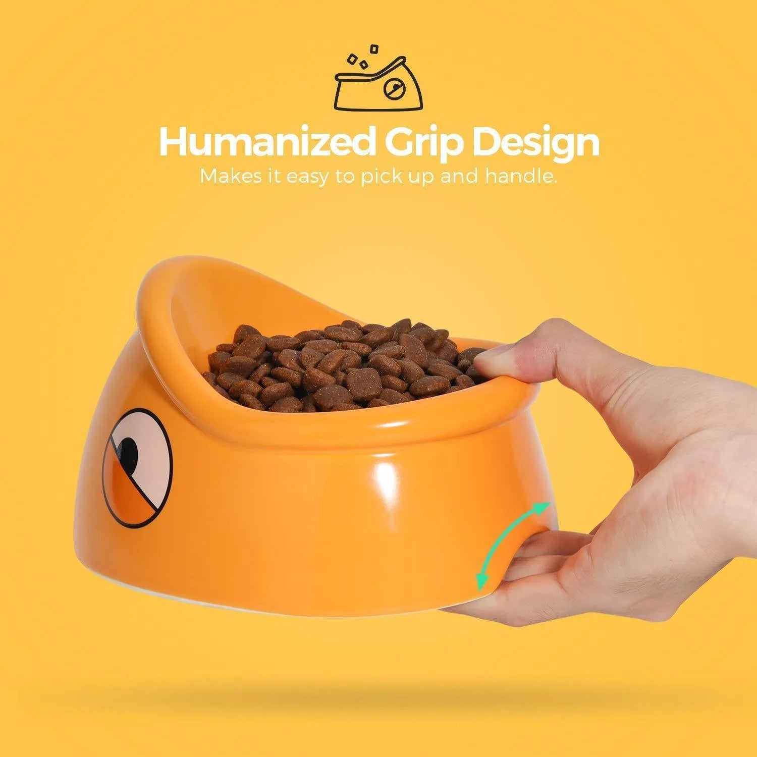 Orange ceramic pet food bowl with fish head pattern, 196x121x149mm, on floor