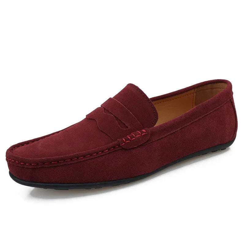 Men's solid colour cowhide suede loafers with round toe and rubber sole