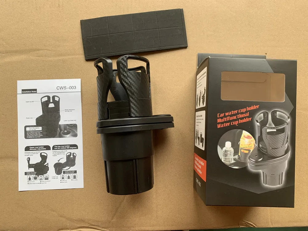 Double-layer rotating car cup holder in black, 11.6x8.7x19.1cm, on car centre console with water bottle