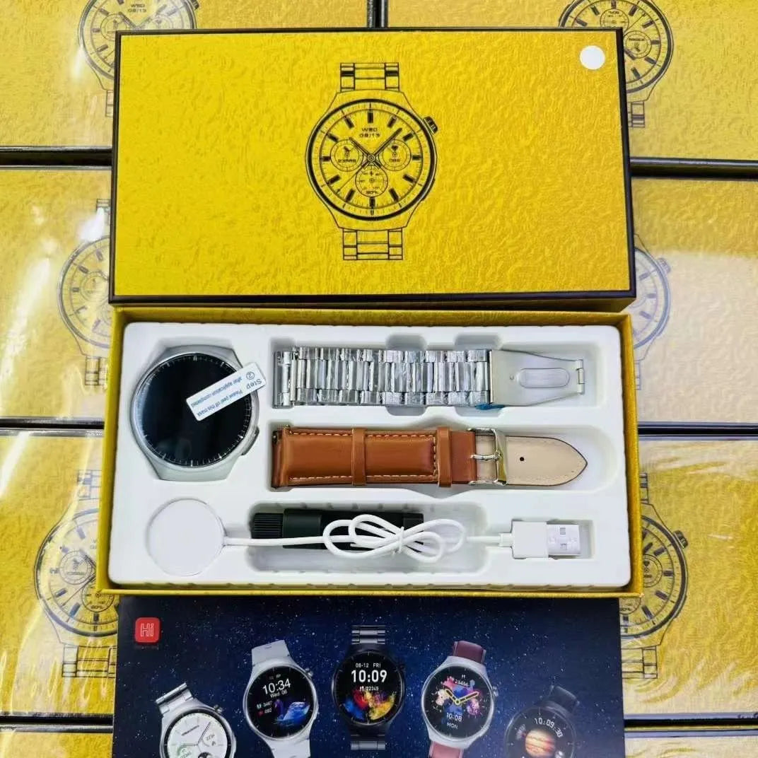 Smart watch set with health monitoring and Bluetooth calling in black, gold, and silver options