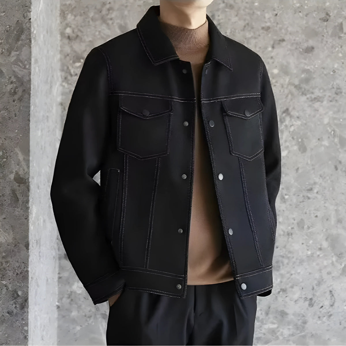 Men's polo collar loose short work coat in black, grey or khaki, sizes M to XXXL, polyester lined
