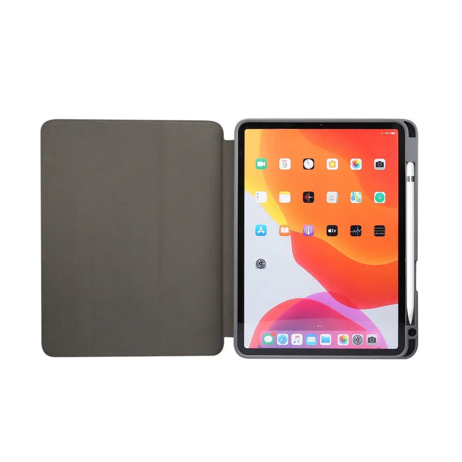 Tri-fold iPad case in dark grey imitation leather with a slot for an Apple Pencil