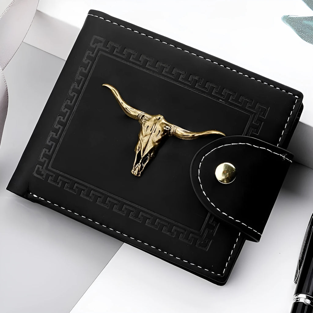 Black men's short wallet with animal pattern design showing multiple card slots and zipper closure