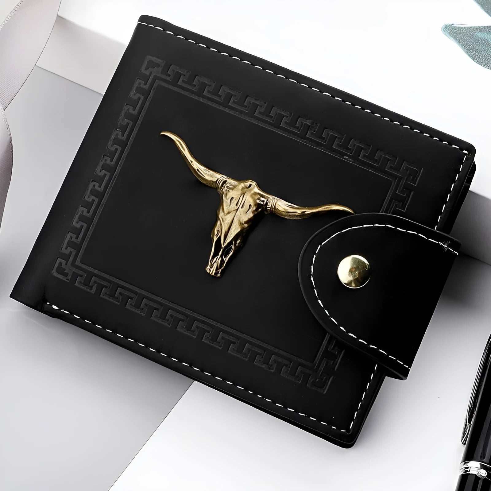 Black men's short wallet with animal pattern design showing multiple card slots and zipper closure