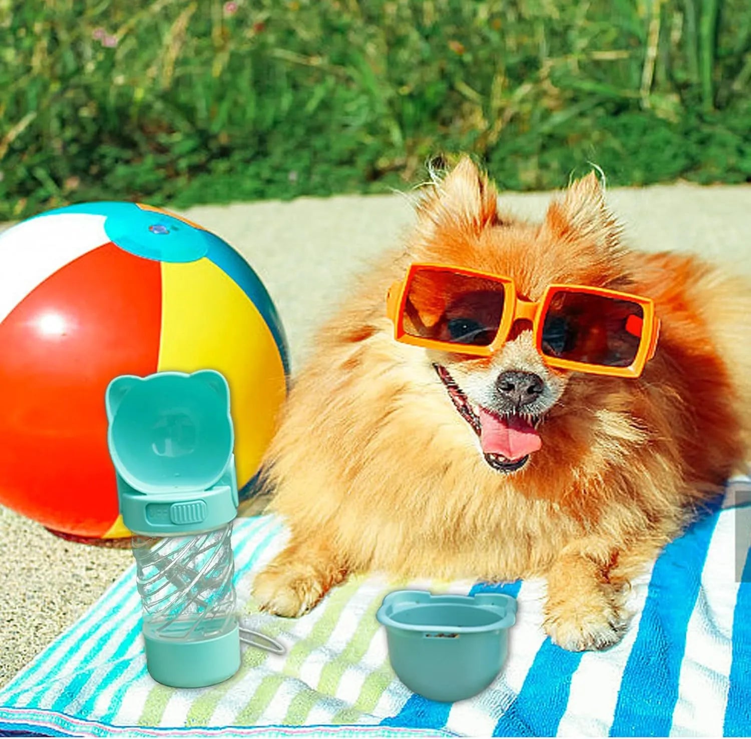 Green 3-in-1 portable pet water bottle with food container and waste bag dispenser held by hand.