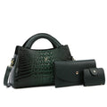 Women's square black crocodile pattern crossbody handbag with visible stitching and a single shoulder strap.