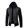 Men's grey hooded cardigan sweater coat made of wool and corduroy with a cinched waist.