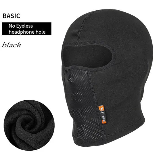 Unisex stretch fleece hood with glasses hole in basic black for skiing or cycling use