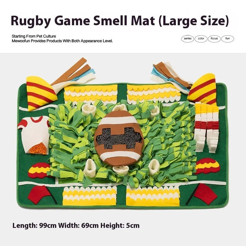 Plastic dog sniffing mat with treat-hiding surface in garden camping themed design