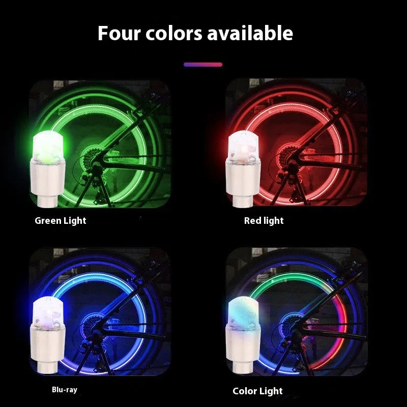 Colourful LED bicycle valve cap lights with battery packs and adapters for wheel valve stems