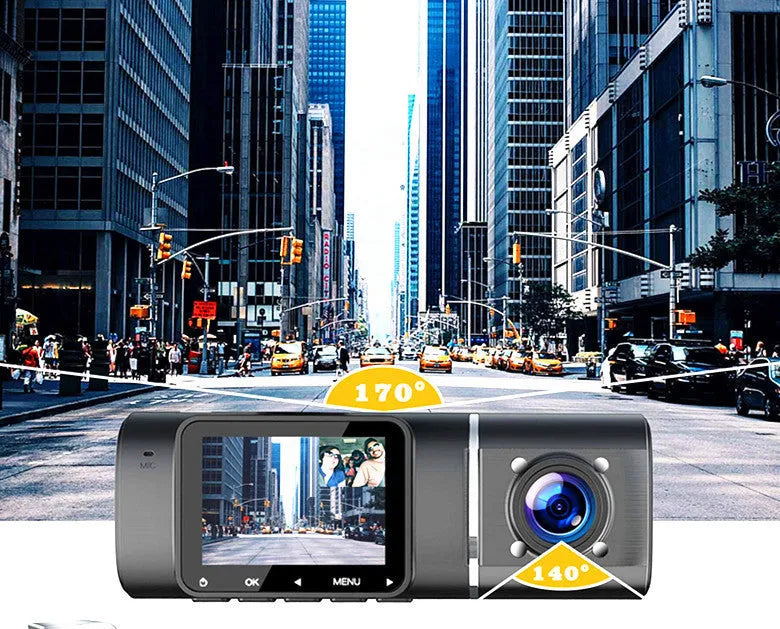 Black dual-channel car dash cam with 1.5-inch screen mounted on windshield next to rear-view mirror.
