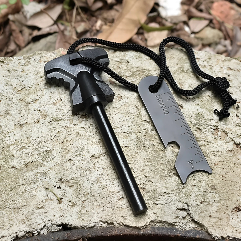 Butterfly-shaped stainless steel firestone and bottle opener survival tool.