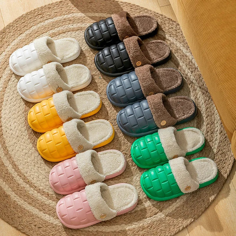 Plaid detachable EVA slippers with plush lining in pink, shown on a foot.