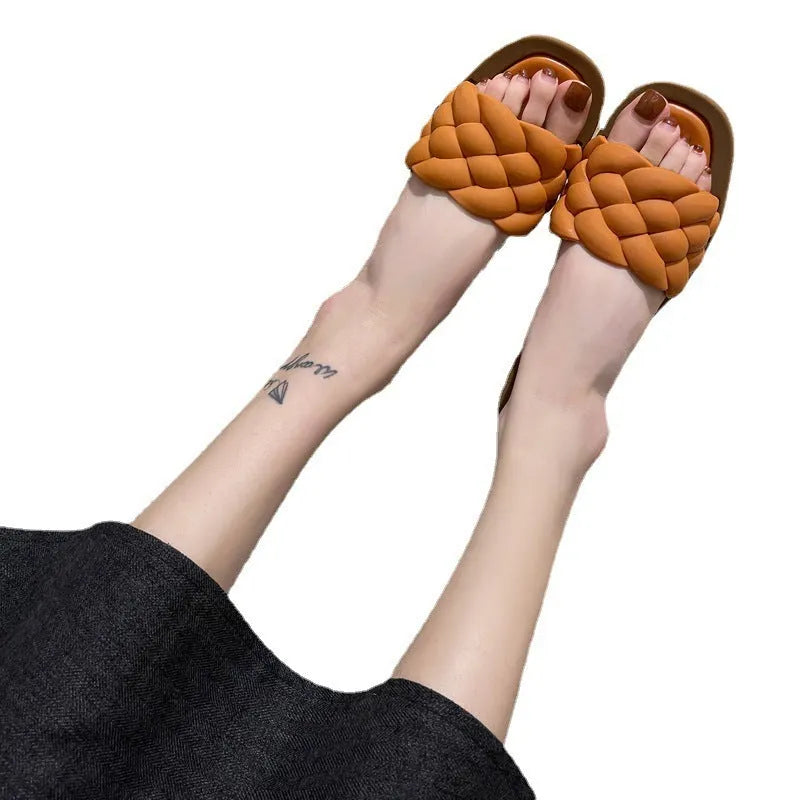 Women's plaid PVC beach sandals with a thick non-slip sole in green, shown from the side.