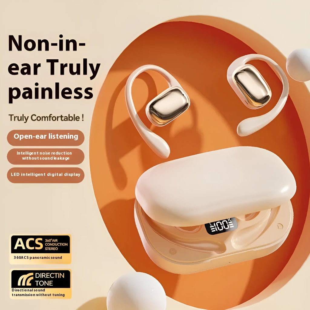 Ear-mounted headphones with digital display screen showing battery percentage, available in black colour