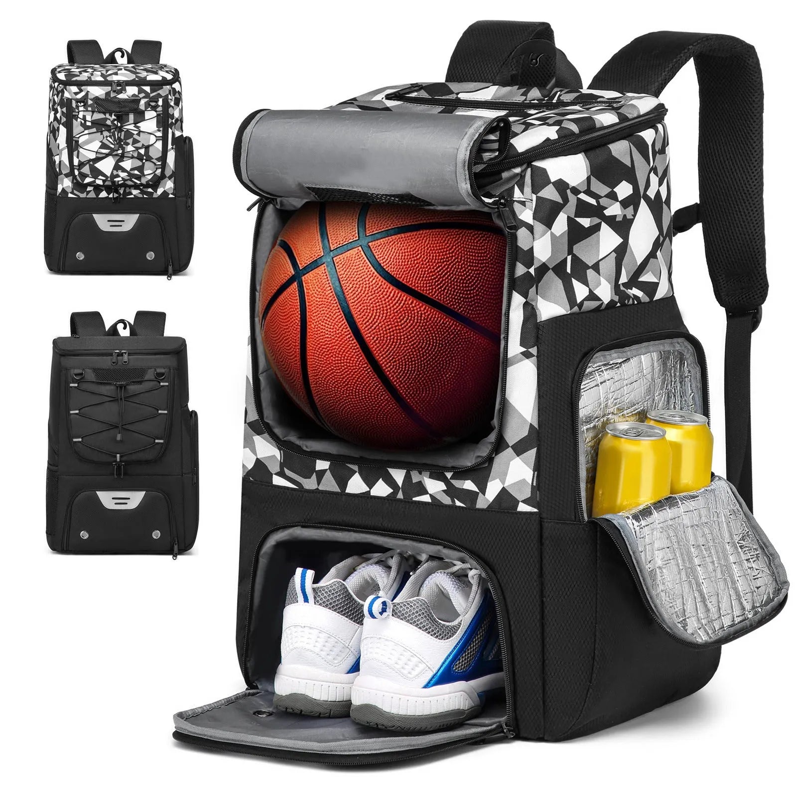 Black Oxford cloth large capacity basketball training backpack with dimensions 51cm by 24cm by 35.5cm.