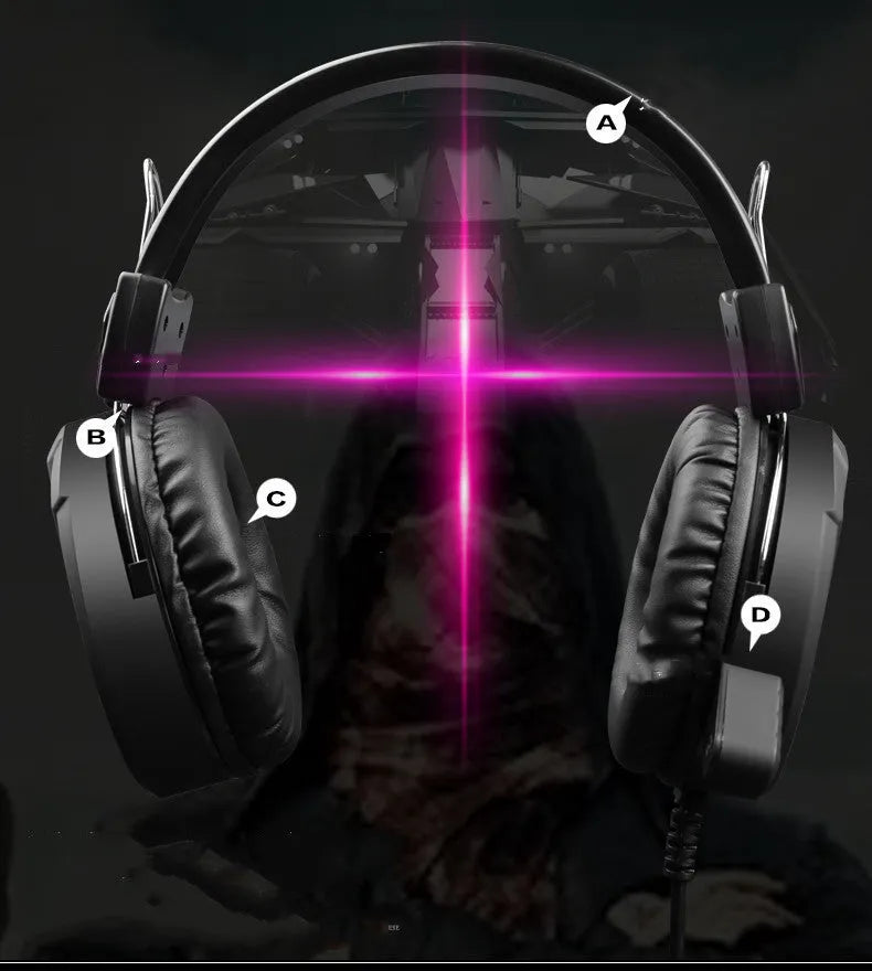 Black luminous wired gaming headset with microphone and over-ear cups for PC.