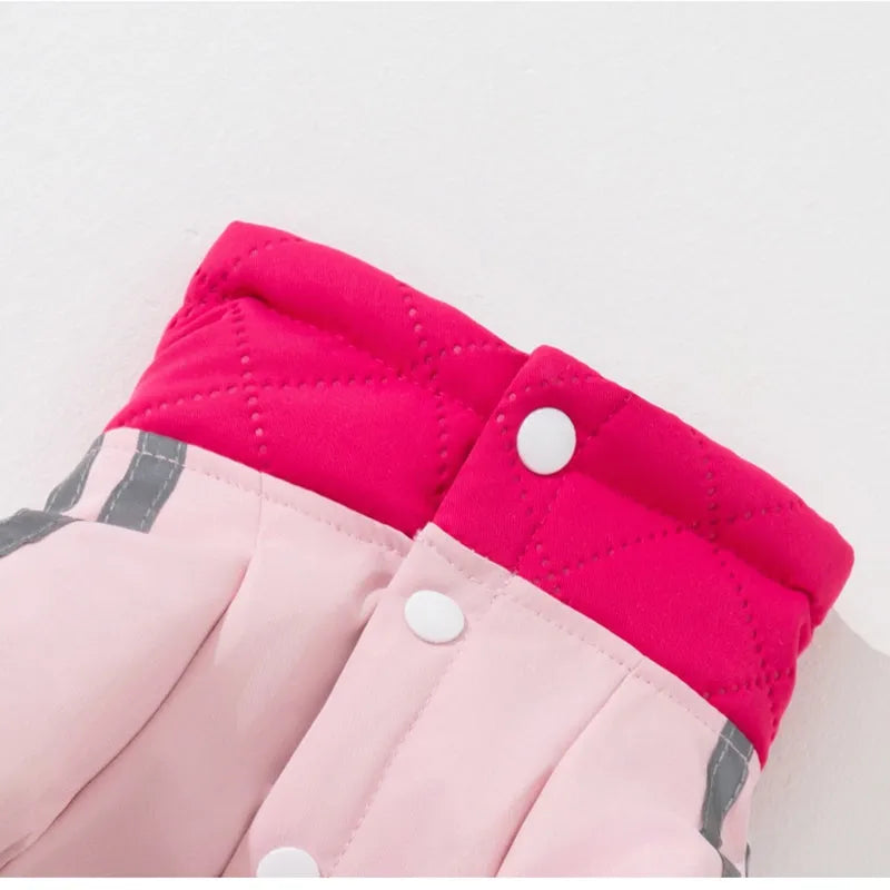 Red dog down jacket with fleece lining for small breeds, four-legged cotton design, side view on white background