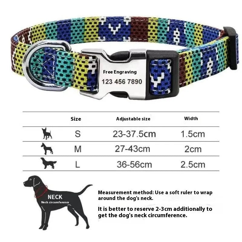 Striped canvas dog collar with metal release buckle in bohemian blue colour option