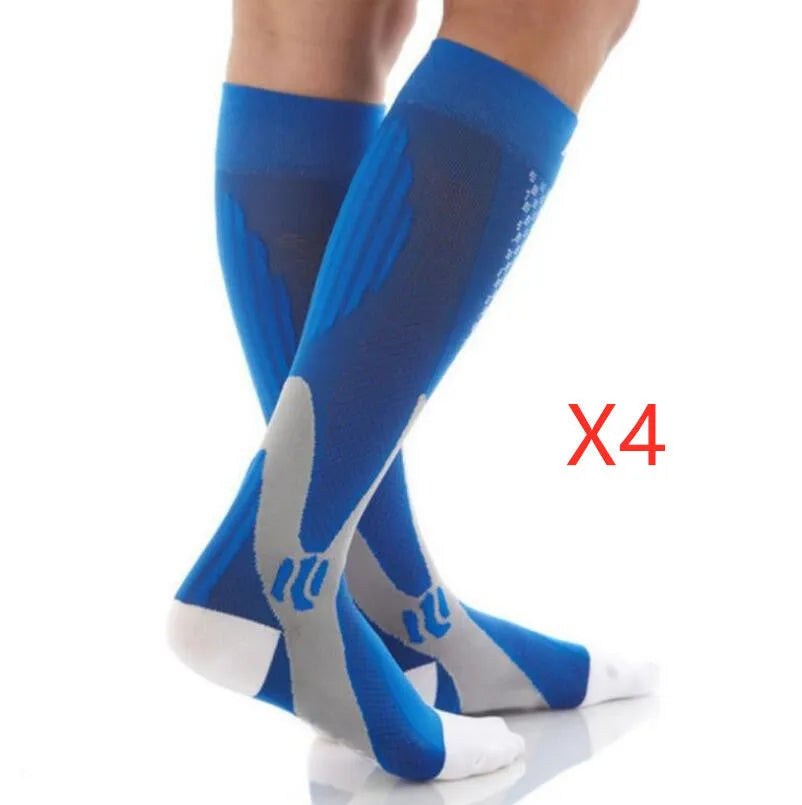 Graduated compression socks for men and women in black, shown in S/M, L/XL, and XXL sizes.