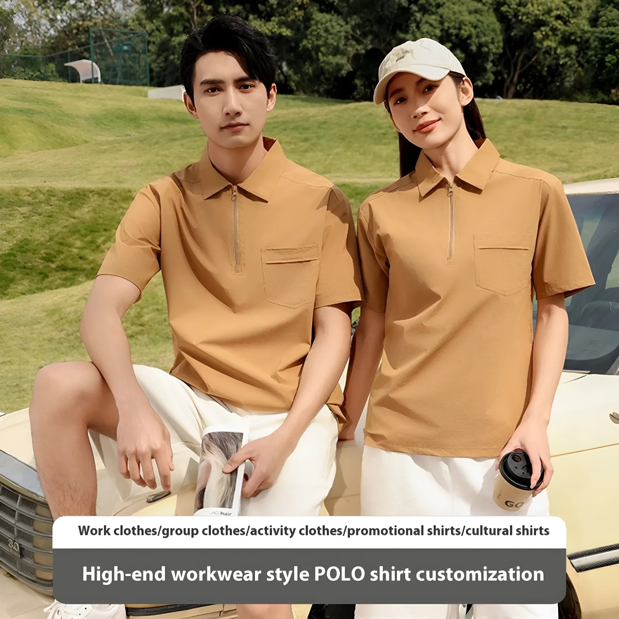 Short sleeve silver grey nylon shirt with a zipper pocket on the lapel.