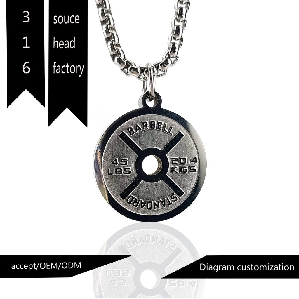 Stainless steel barbell disk necklace with geometric pendant on a choice of 60cm chain