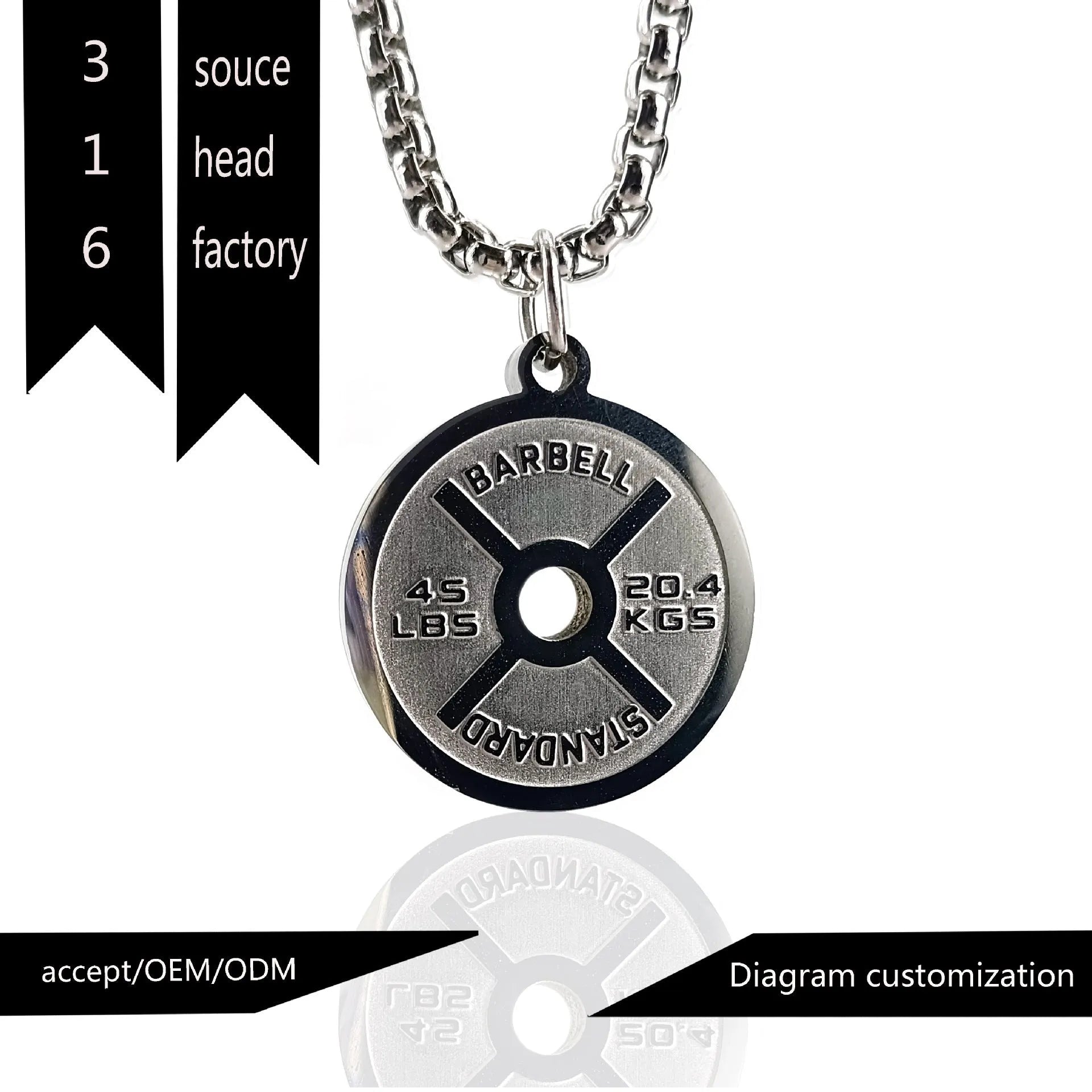 Stainless steel barbell disk necklace with geometric pendant on a choice of 60cm chain