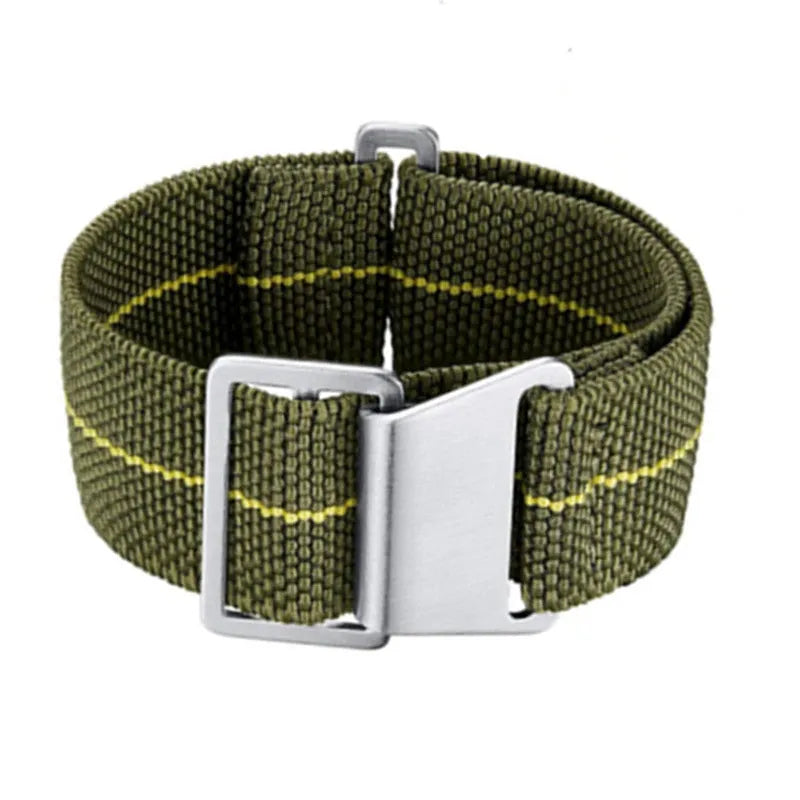 Elastic nylon watchband in green, blue, or black with silver buckle or black button, available in 18mm, 20mm, and 22mm widths.