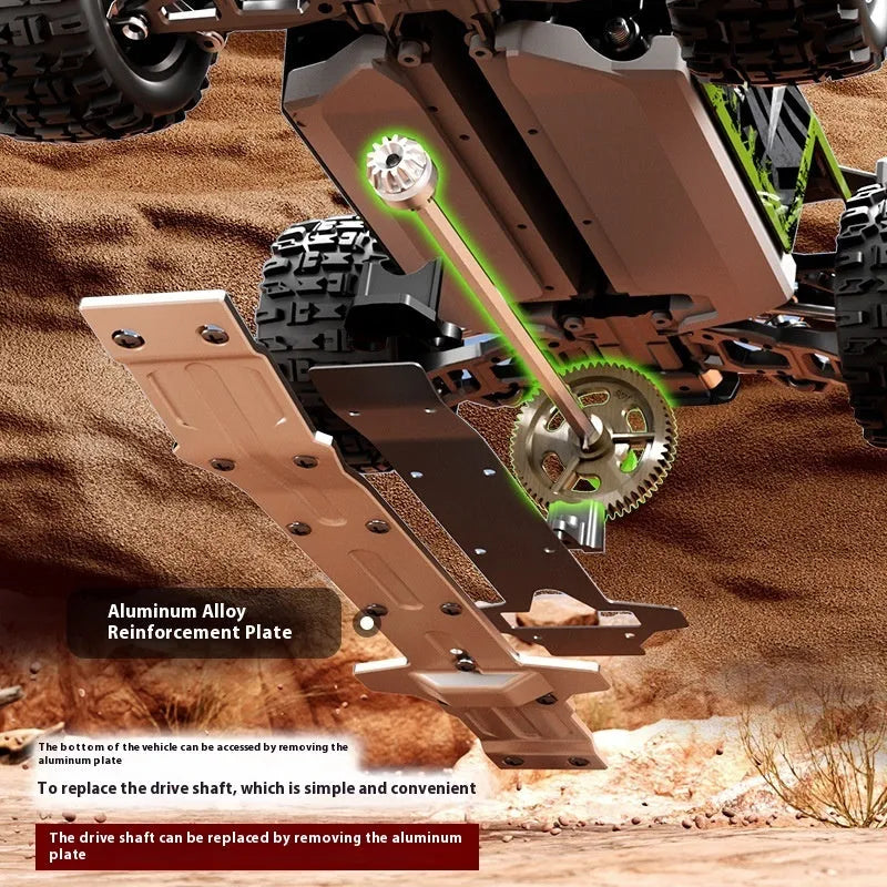 Brushless remote control car in green or red with four-wheel drive, metal drive shaft and metal differential.