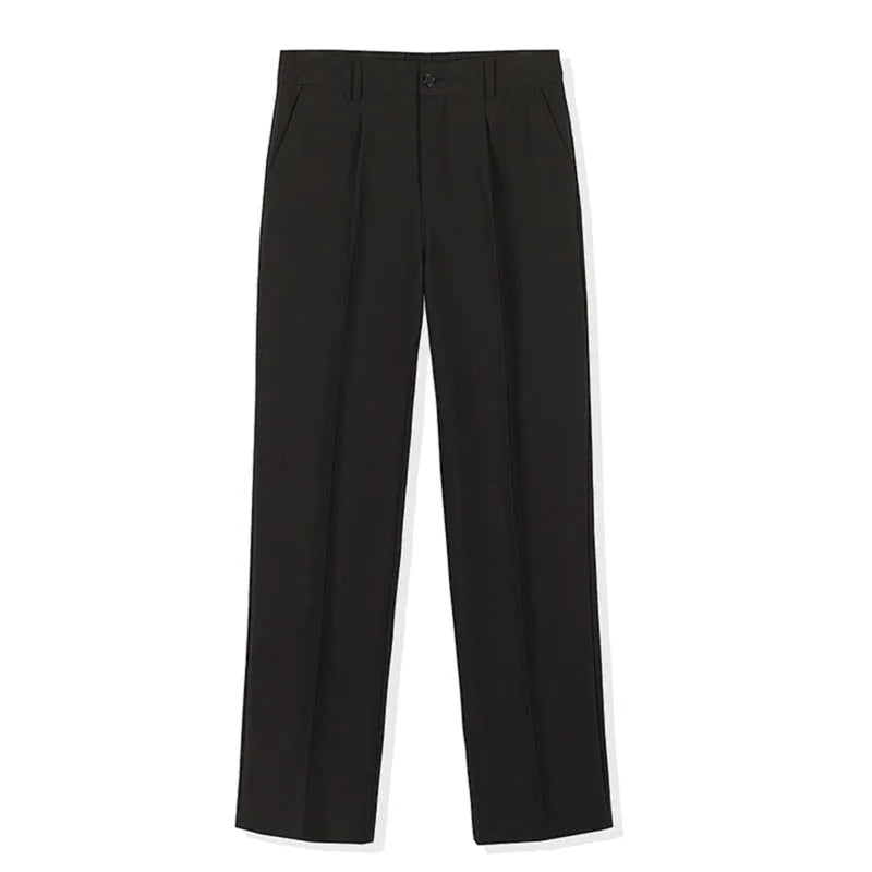 Men's straight-leg casual trousers in polyester, shown in black, dark grey, khaki and brown, sizes S to 4XL