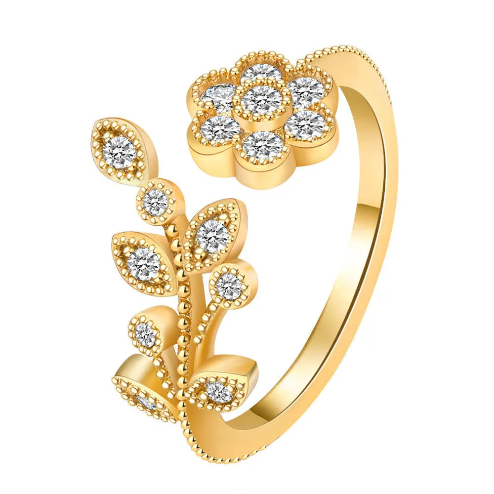 Women's copper open ring with floral leaf design in gold or white colour