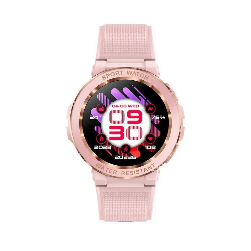 MK60 smart watch in pink with TFT screen showing health data, on a wrist, with Bluetooth call and health monitoring features.