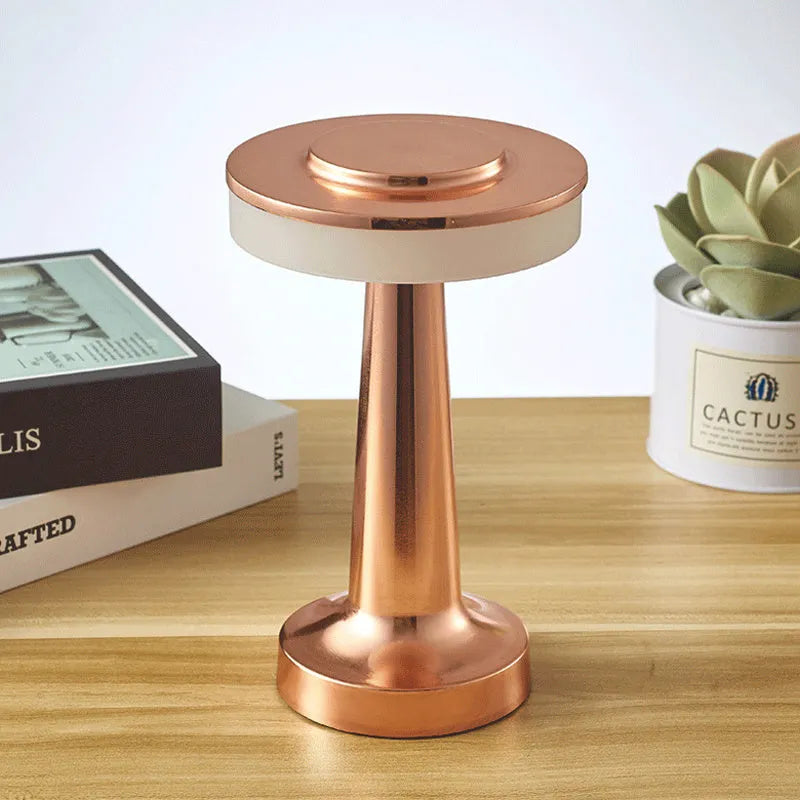 Wireless rechargeable touch sensor mushroom table lamp in gold with acrylic shade