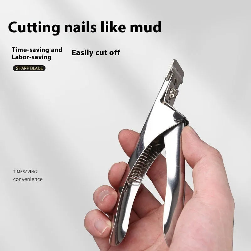 Stainless steel French U-shaped nail art scissors for cuticle trimming, shown in black, titanium, and silver finishes.