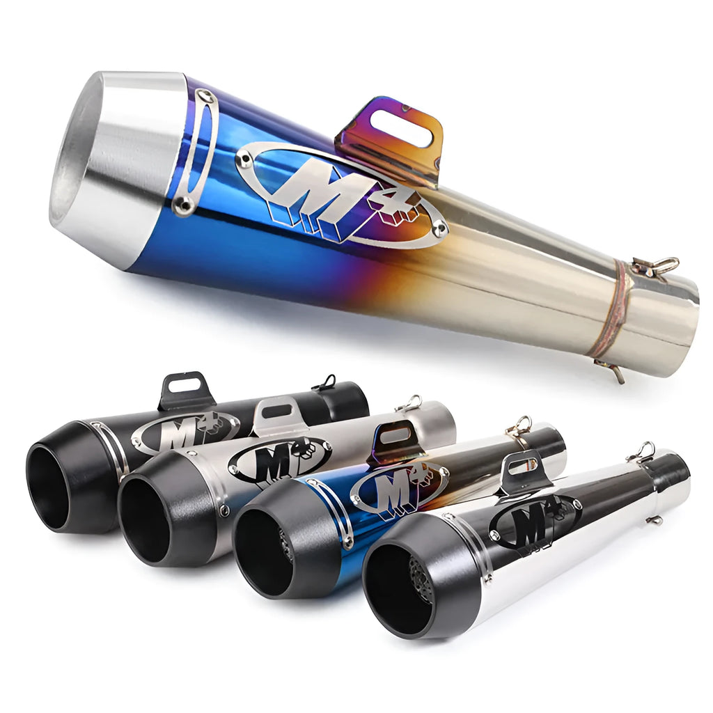 Universal M4 motorcycle exhaust pipe in stainless steel, shown in black finish with welded mounting brackets.