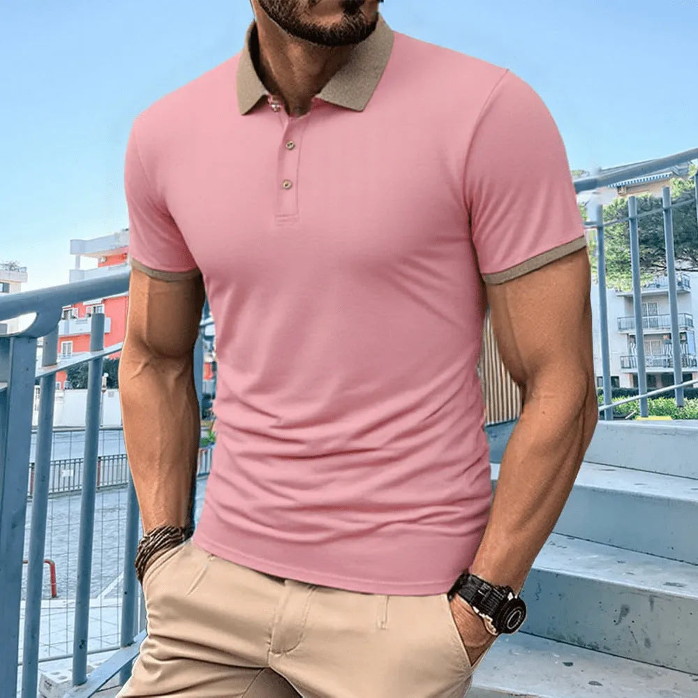 Men's green summer polo shirt with short sleeves and a black flocking design on the front.