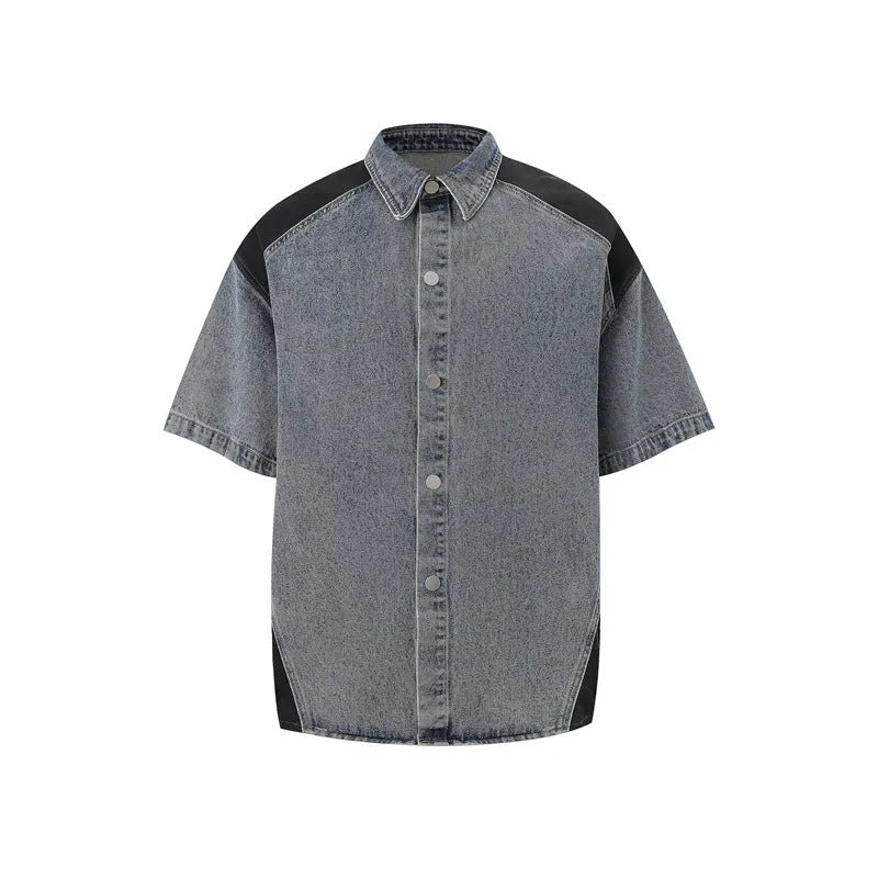 Retro washed denim jeans suit featuring a short-sleeve jacket and matching trousers on a mannequin.